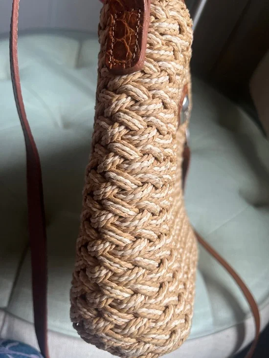 Brighton Eva Woven Straw Tote Shoulder Crossbody Bag with Brown Leather Trim - Picture 15 of 16